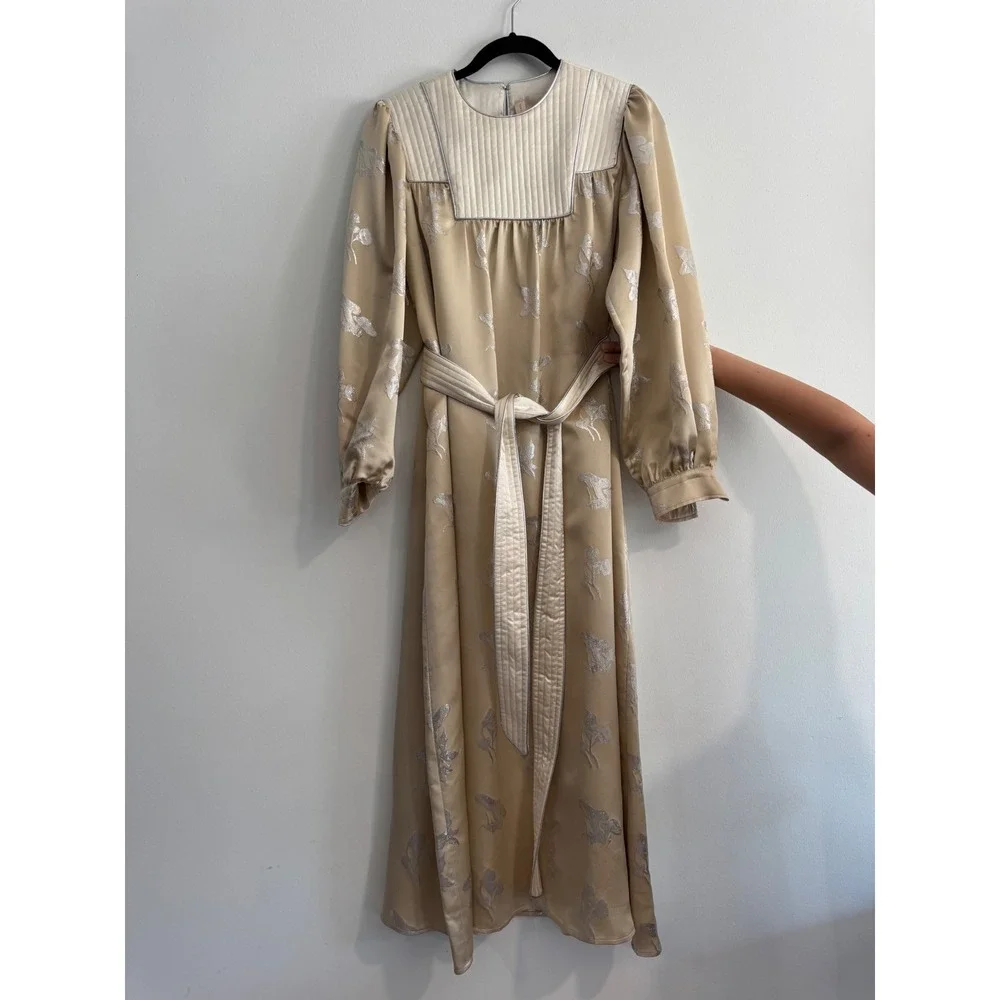 Tory Burch Mushroom Lurex Satin Gown Womens M Champagne Jacquard dress luxury - Picture 10 of 13